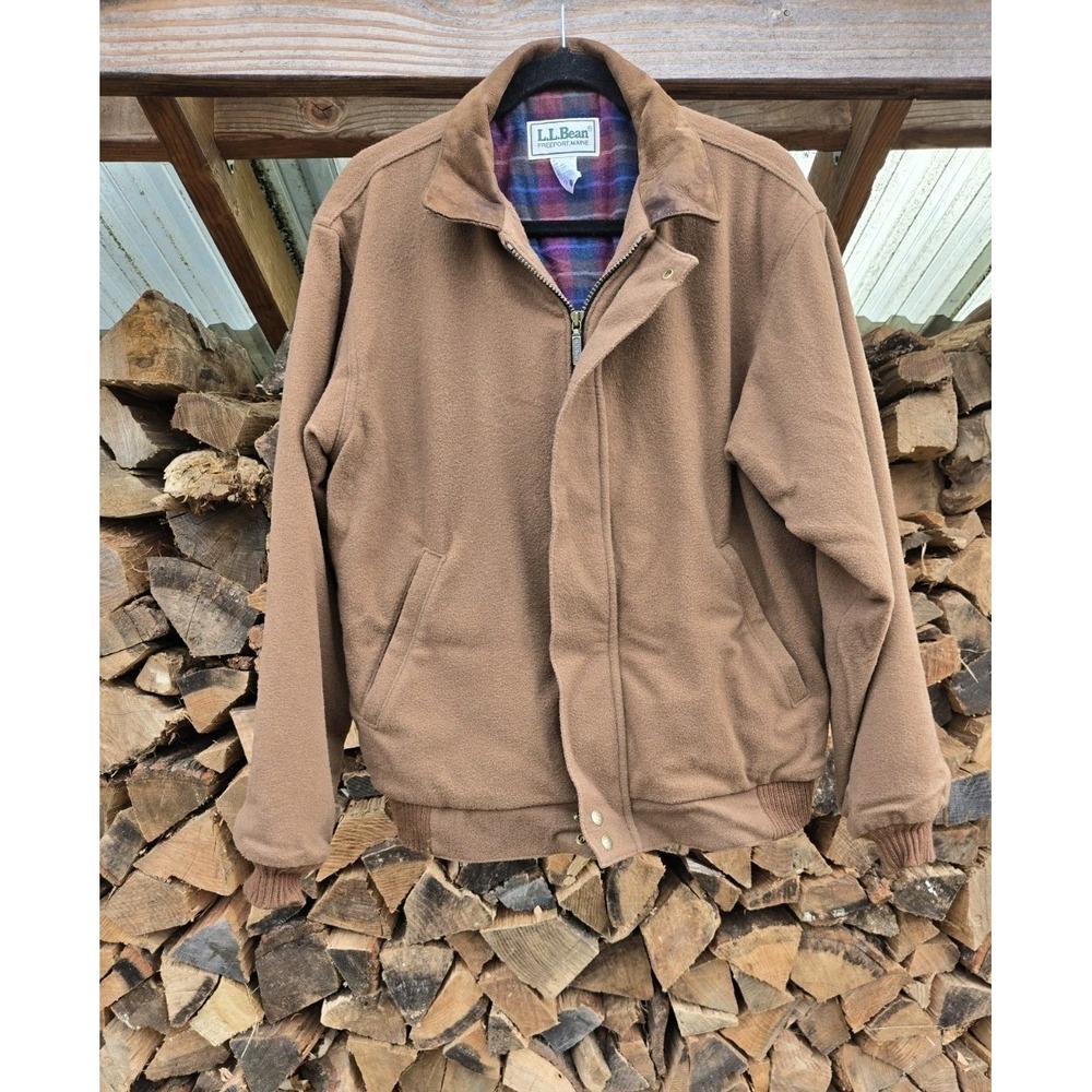 Vintage 80-90's LL Bean Wool Leather Plaid Lined Mens M Bomber‎ Jacket USA Made